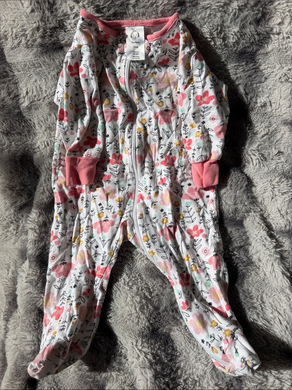 Gerber White Floral Footed One-Piece with Pink Trim